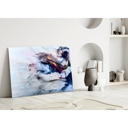 Swirling blue purple pink abstract glass wall art on textured canvas