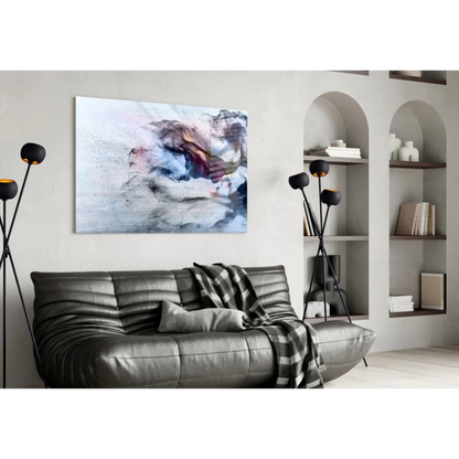Swirling blue pink abstract glass wall art on textured canvas