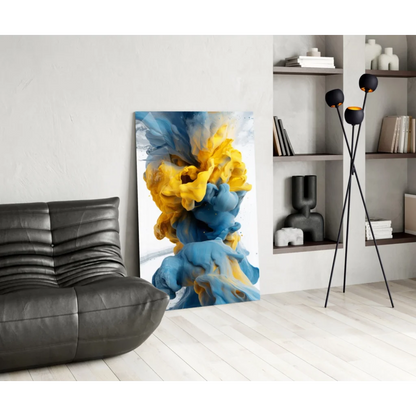 Vibrant swirling blue yellow glass wall art abstract print