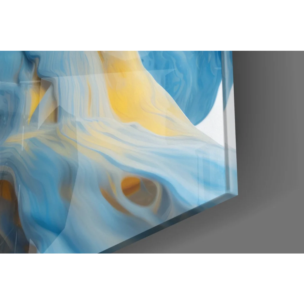 Swirling blue yellow glass wall art abstract print with glossy swirls