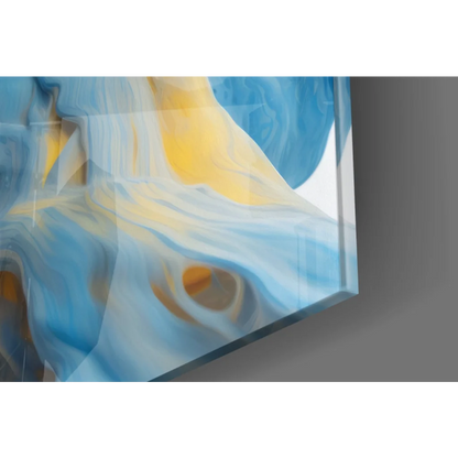 Swirling blue yellow glass wall art abstract print with glossy swirls