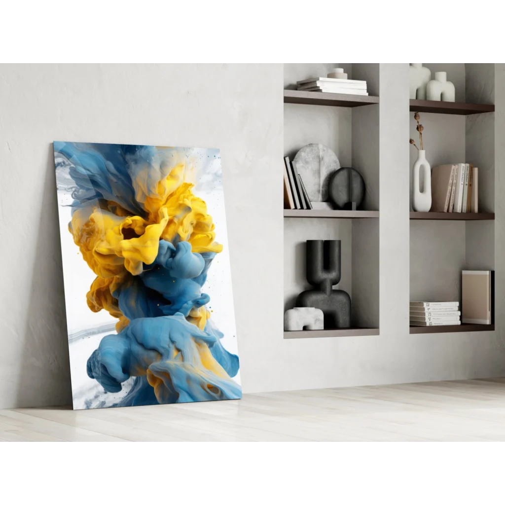 Swirling blue yellow glass wall art abstract print