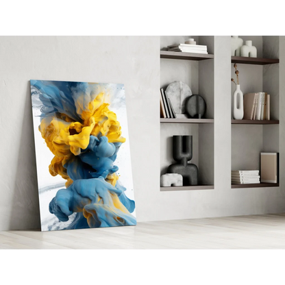 Swirling blue yellow glass wall art abstract print