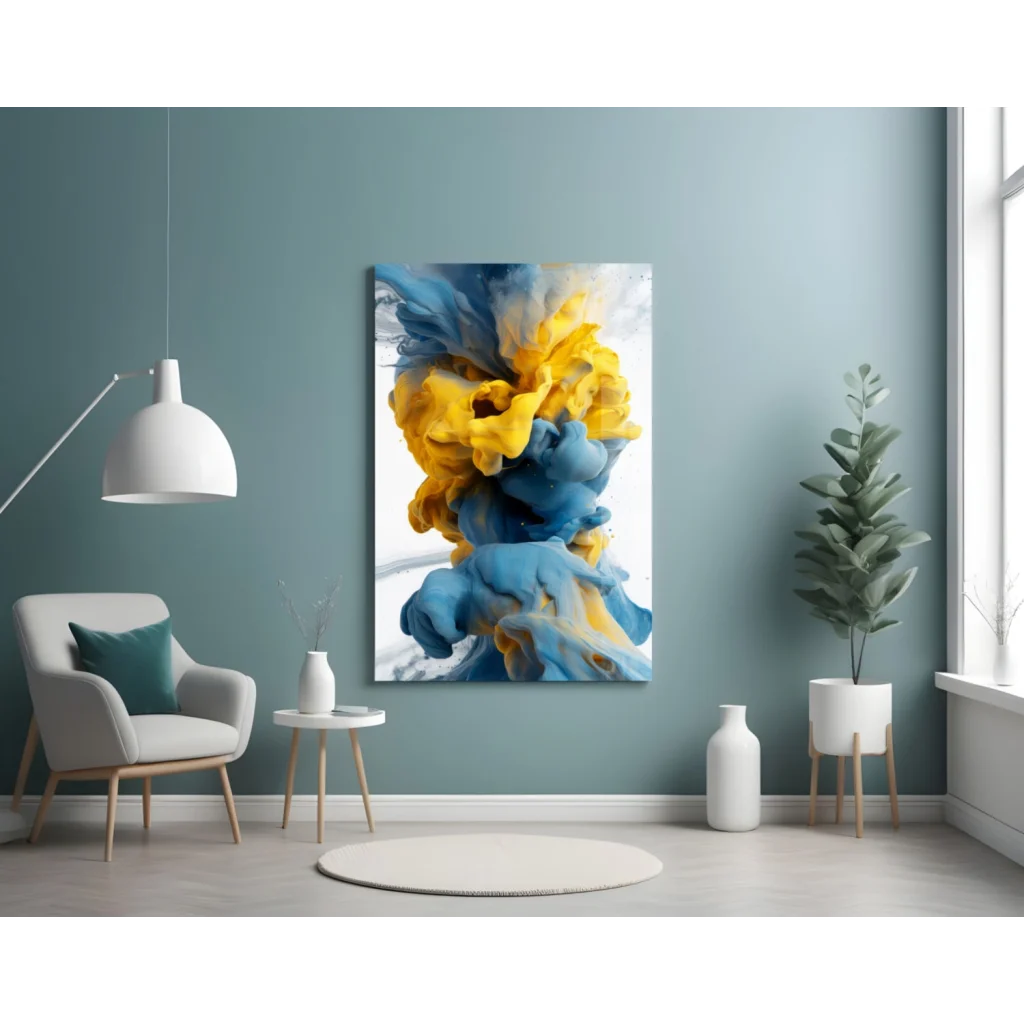 Vibrant swirling blue yellow glass wall art abstract print