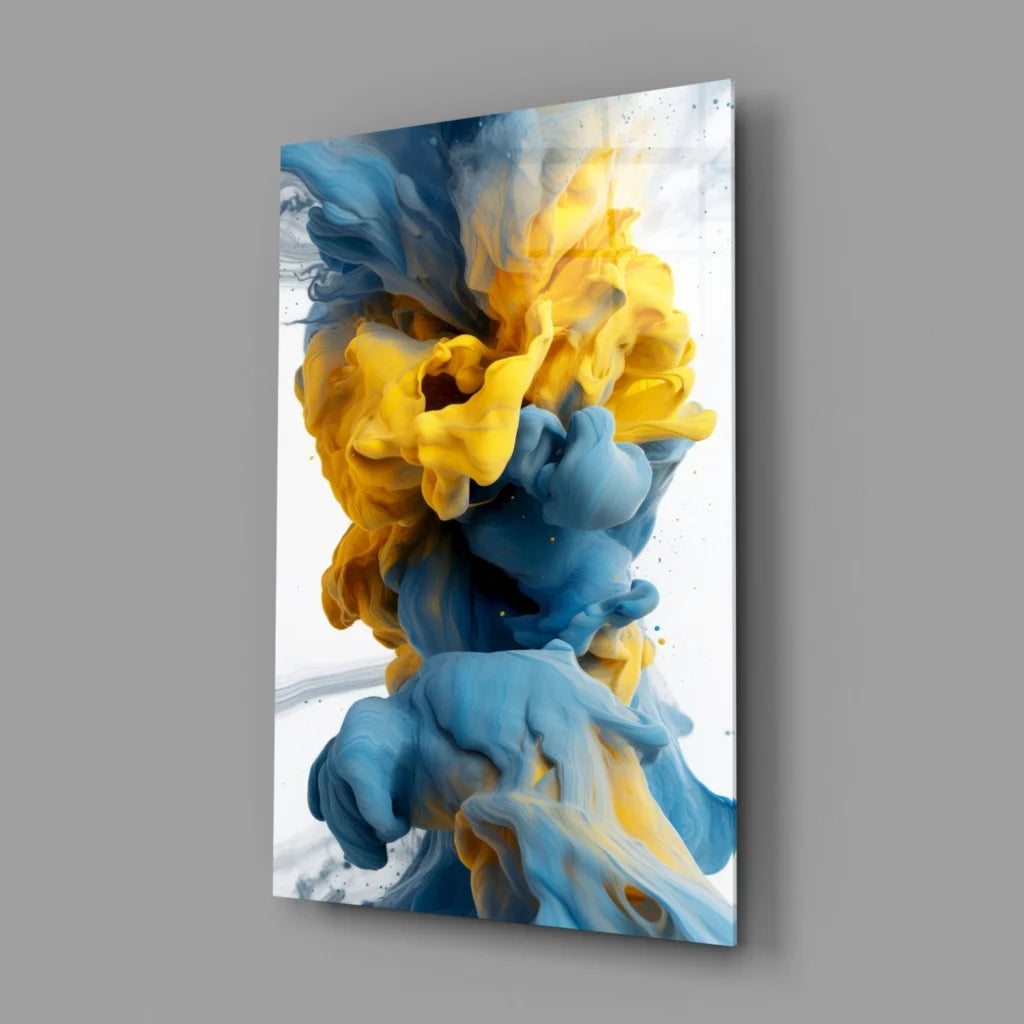 Vibrant blue yellow swirls on sleek glass wall art panel