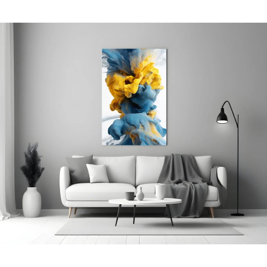 Swirling blue yellow glass wall art abstract print on gray wall