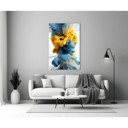 Swirling blue yellow glass wall art abstract print on gray wall