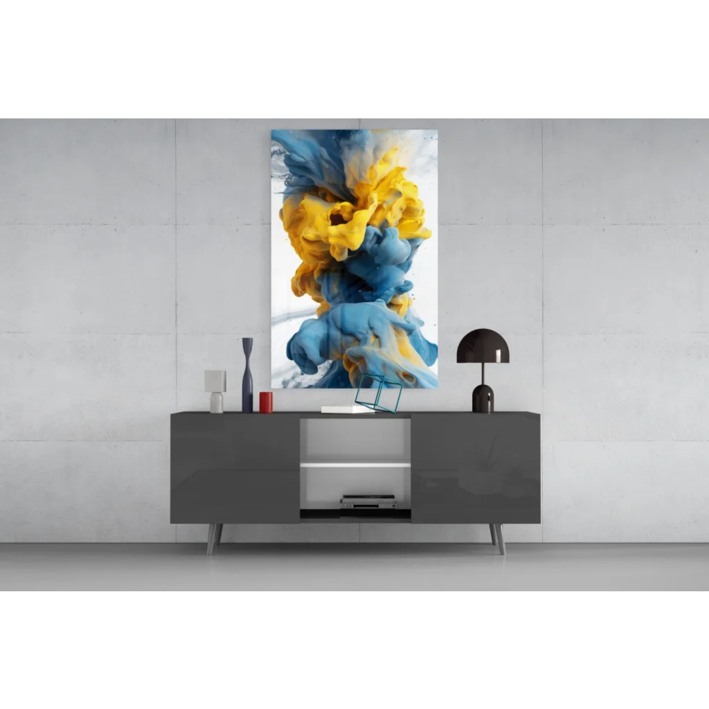 Swirling blue yellow glass wall art abstract print on vibrant canvas