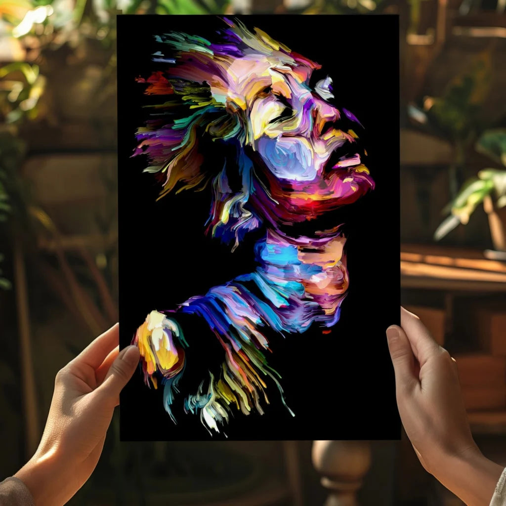 Vibrant swirling color explosion abstract face on aluminum print