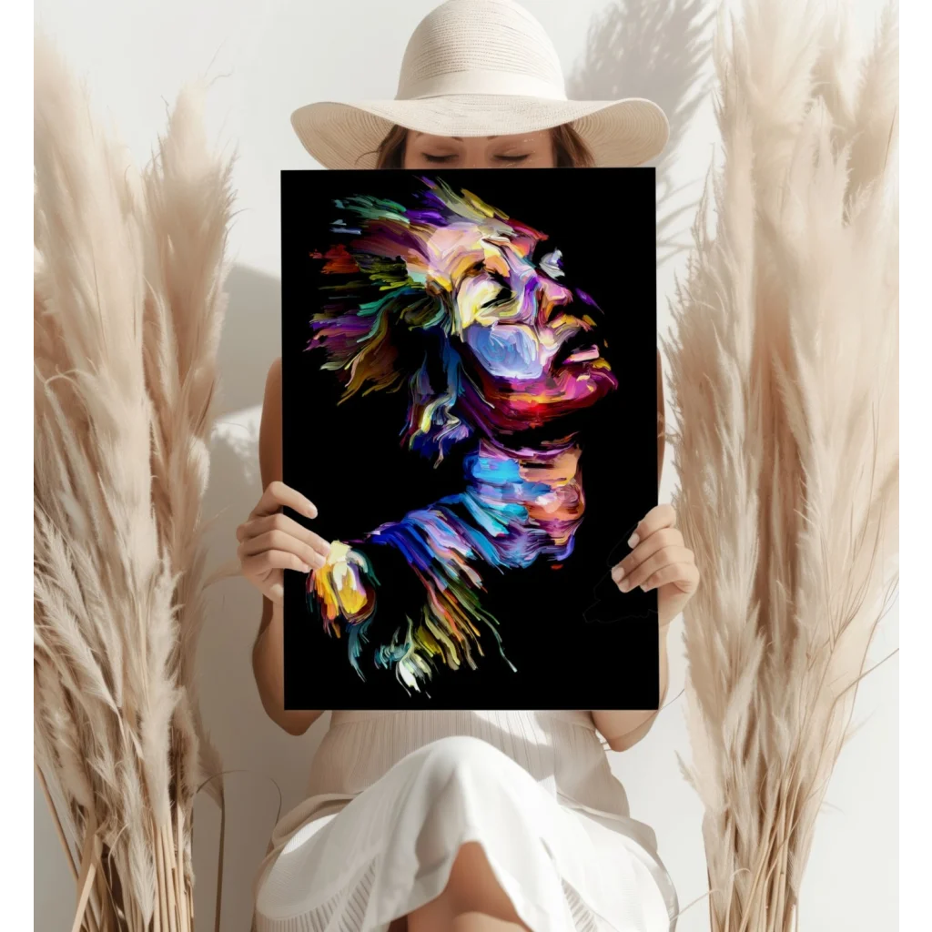 Vibrant abstract woman’s face in rainbow swirls on black, aluminum print