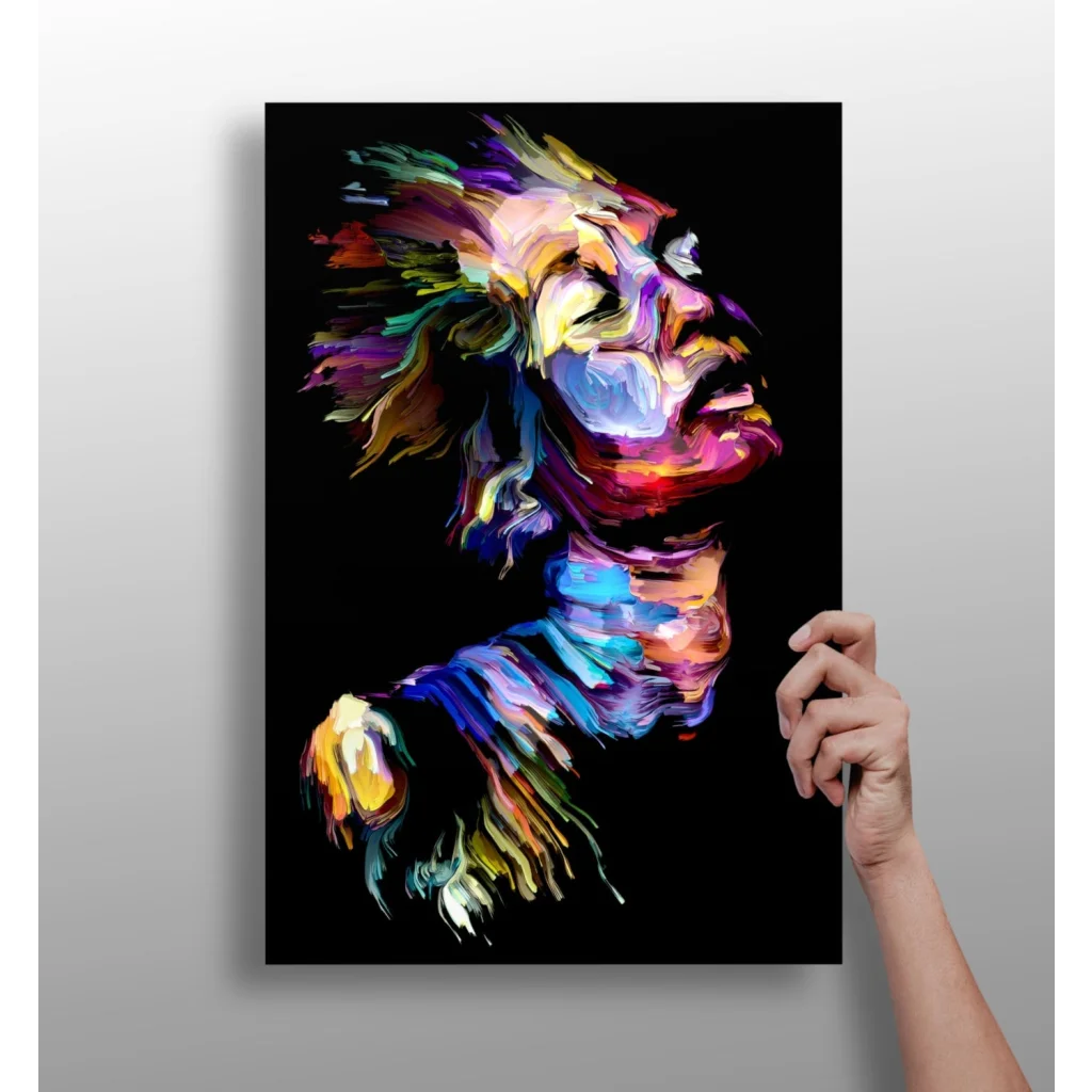 Vibrant swirling color explosion abstract face on aluminum print