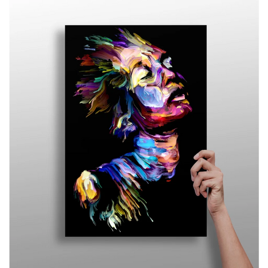 Vibrant swirling color explosion abstract face on aluminum print