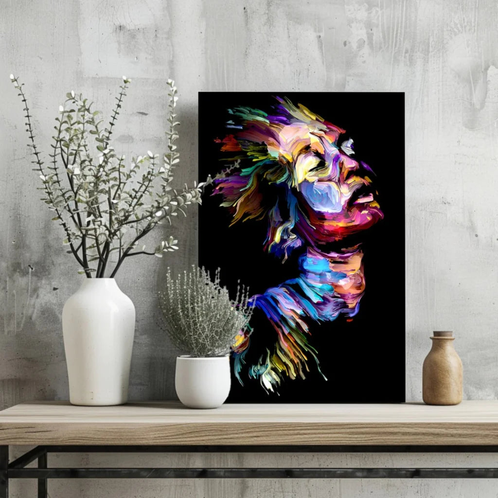 Vibrant swirling color explosion abstract face on aluminum print