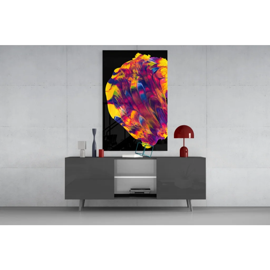 Vibrant swirling colors glass wall art on black canvas print