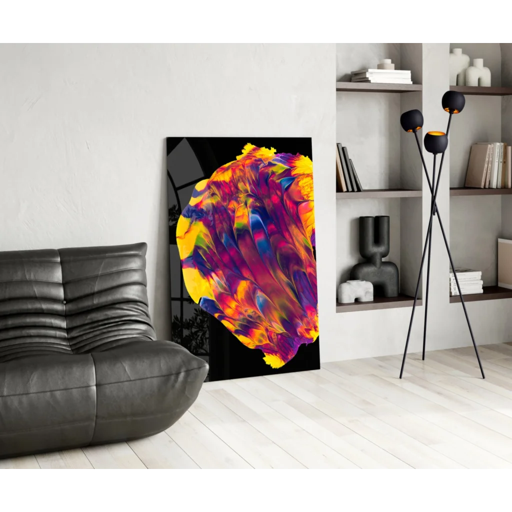 Vibrant swirling colors abstract glass wall art on black canvas