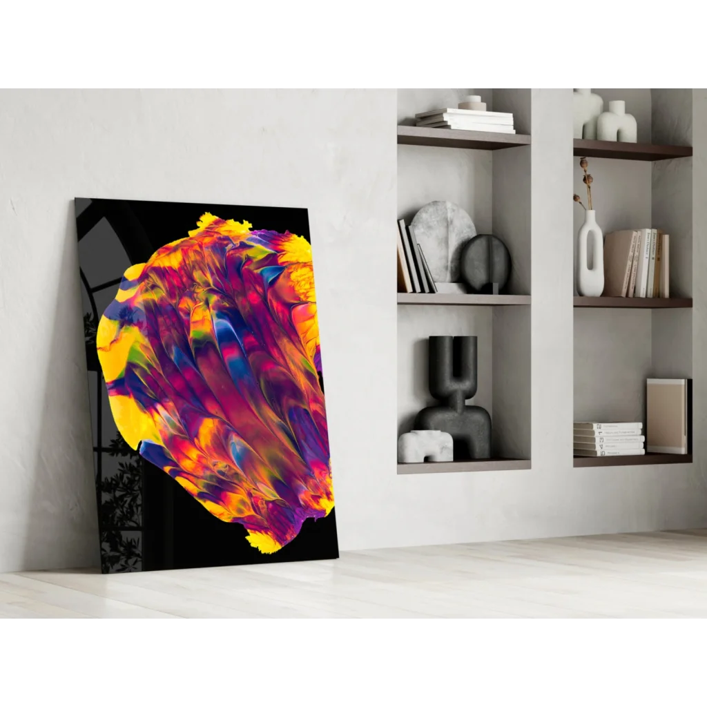 Vibrant swirling colors glass wall art on black canvas