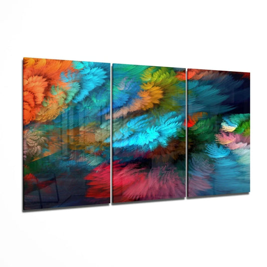 Vibrant swirling colors abstract triptych glass wall art in orange, teal, pink, green