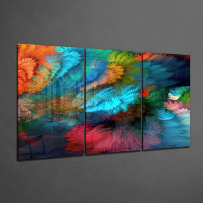 Vibrant swirling colors abstract triptych glass wall art in orange, teal, pink, green