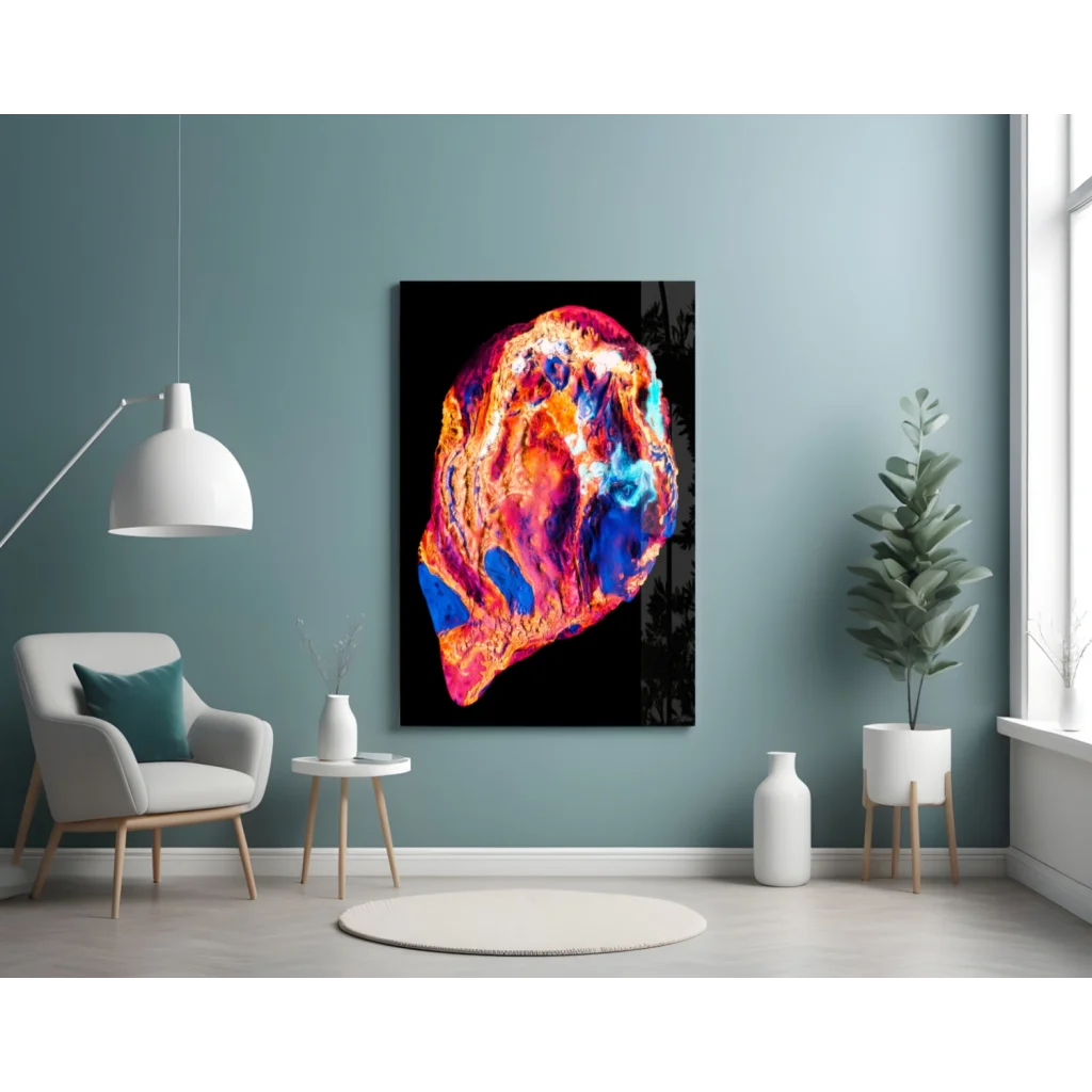 Vibrant swirling cosmos glass wall art in neon orange, red, blue, purple hues