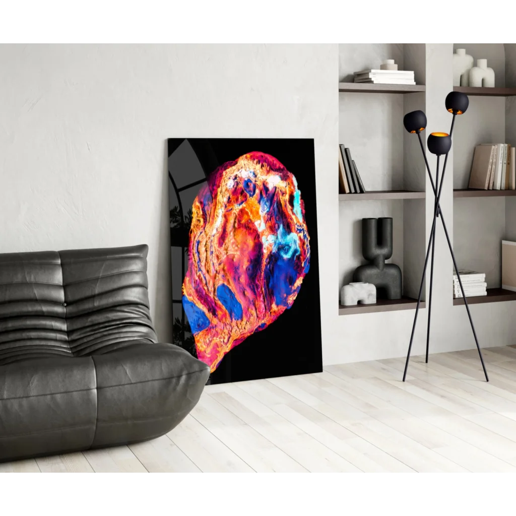Vibrant swirling cosmos glass wall art in neon orange, red, blue, purple hues