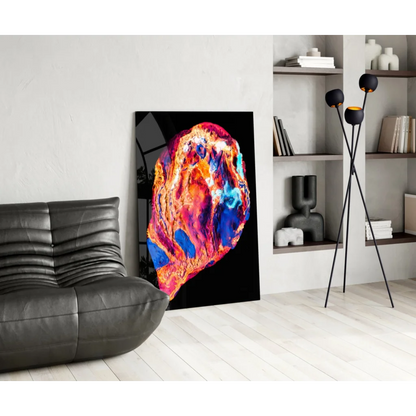 Vibrant swirling cosmos glass wall art in neon orange, red, blue, purple hues