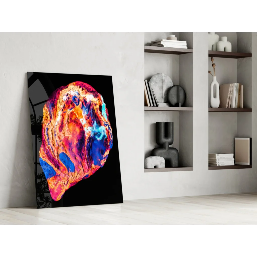 Vibrant swirling cosmos glass wall art in neon orange, red, blue, pink hues