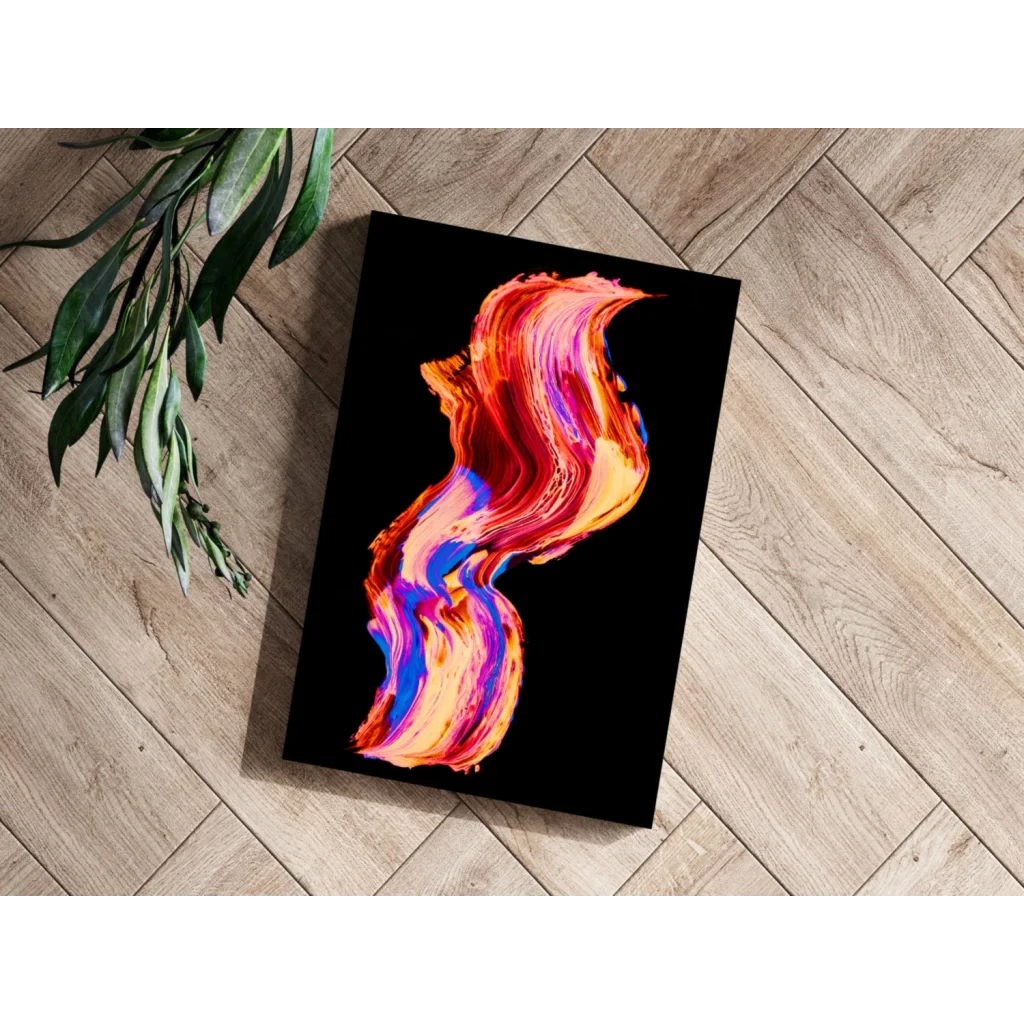 Vibrant swirling fire and ice abstract canvas print in orange, red, pink, and blue on black