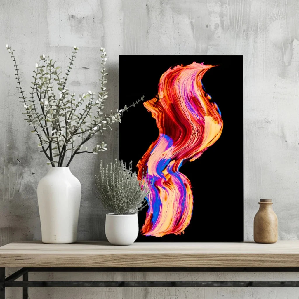 Vibrant Swirling Fire and Ice abstract canvas print in orange, red, pink, blue gradients on black