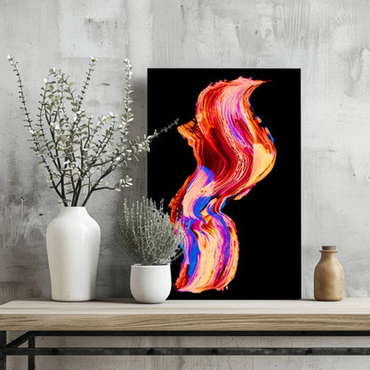 Vibrant Swirling Fire and Ice abstract canvas print in orange, red, pink, blue gradients on black