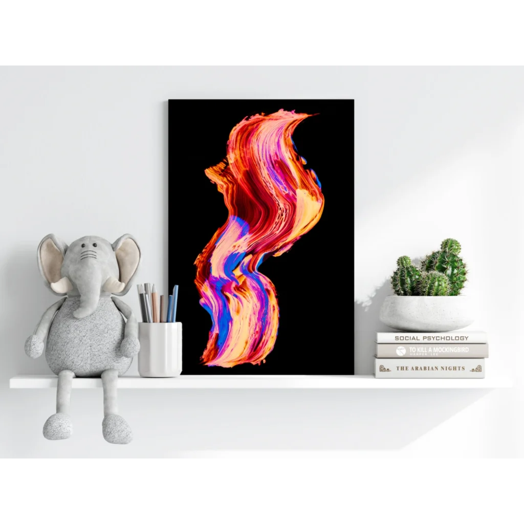 Swirling Fire and Ice abstract canvas print with vibrant red, orange, blue gradients on black