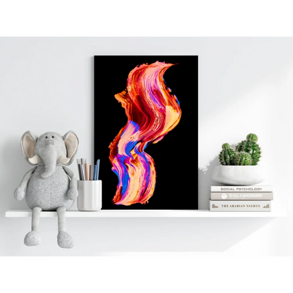Swirling Fire and Ice abstract canvas print with vibrant red, orange, blue gradients on black