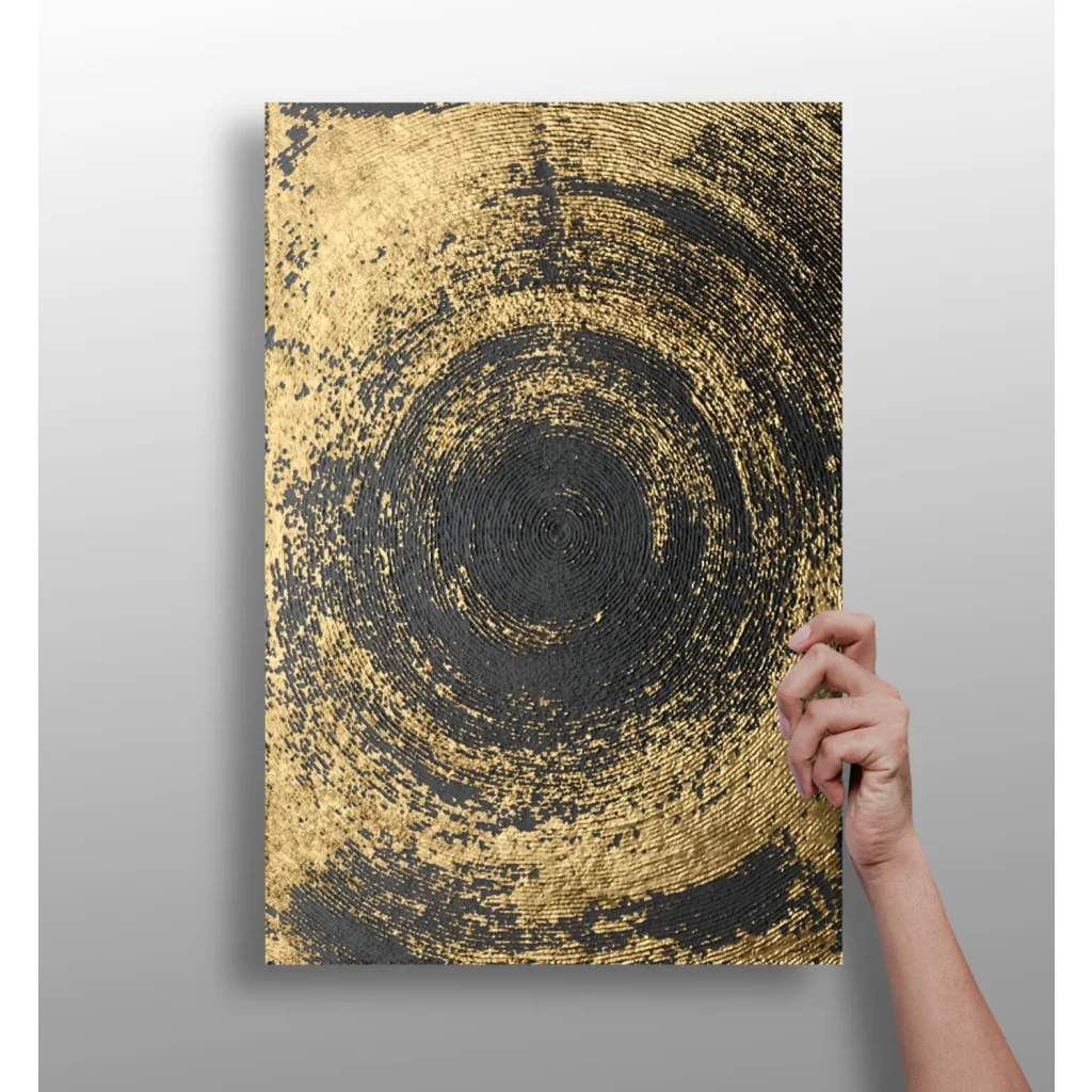 Swirling gold and black textured aluminum canvas art with concentric patterns