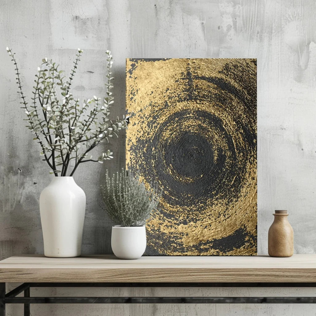 Swirling gold and black textured aluminum canvas art