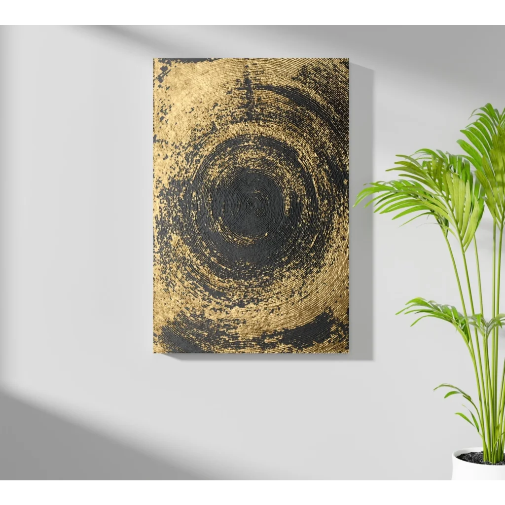 Swirling gold and black textured abstract canvas art with concentric circles