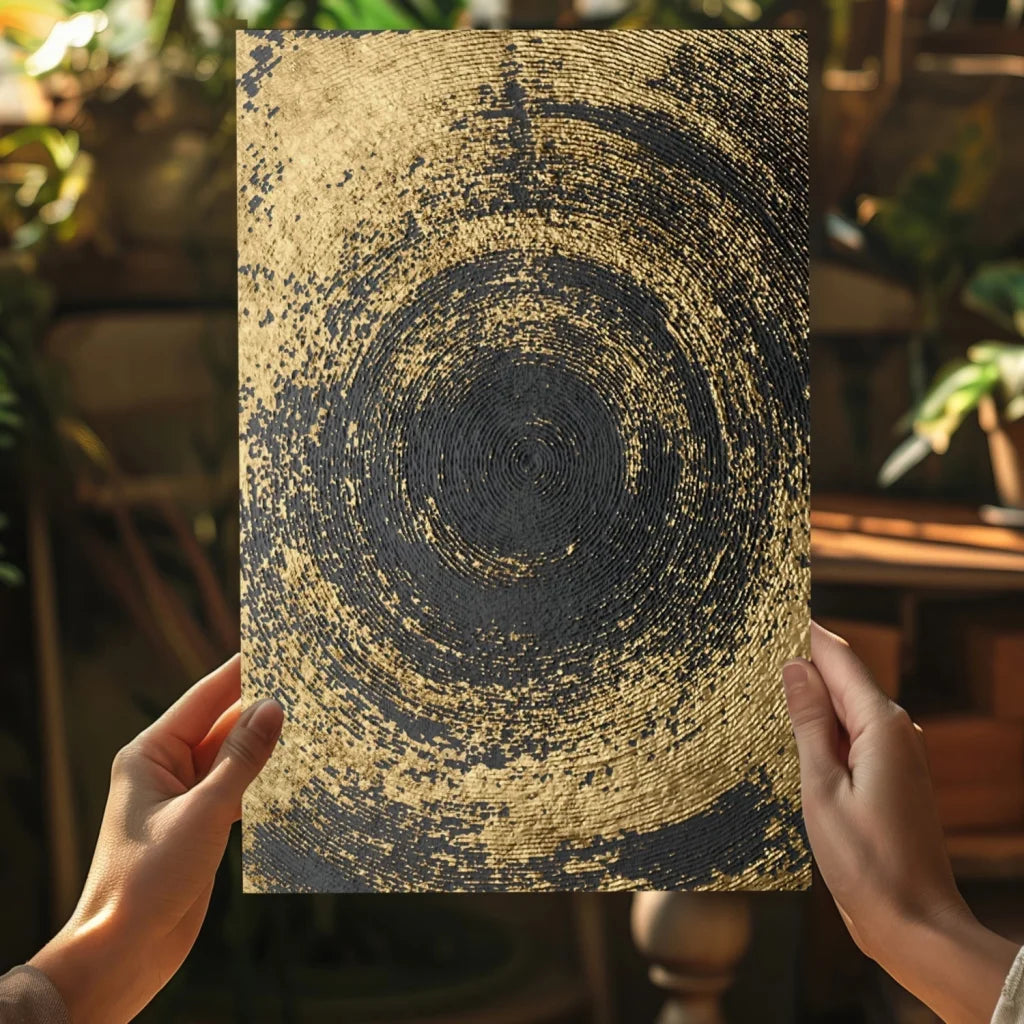 Swirling gold and black textured abstract art on aluminum canvas