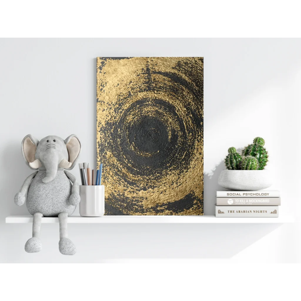 Swirling gold and black textured aluminum canvas art with concentric circles