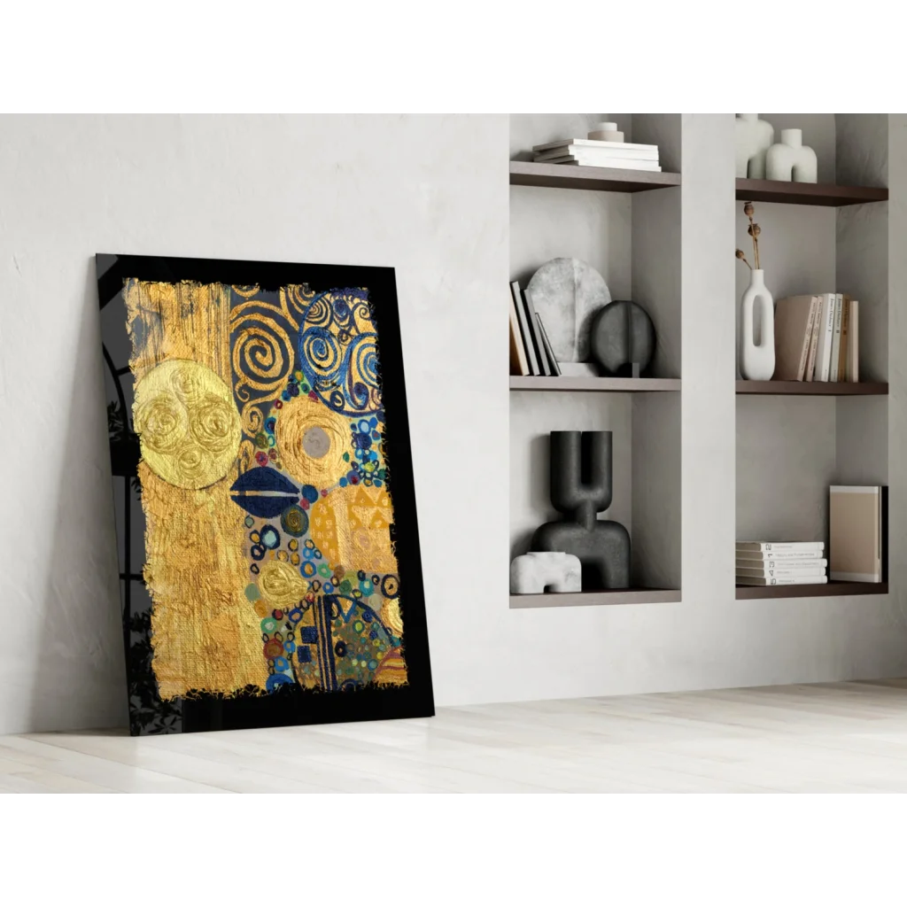 Vibrant swirling gold and blue abstract glass wall art in sleek black frame