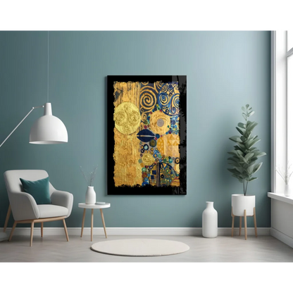Swirling gold and blue abstract glass wall art panel in black frame