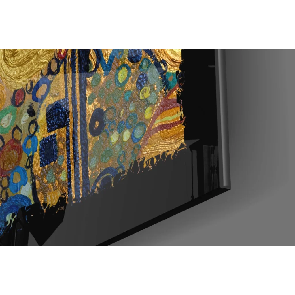 Vibrant Klimt The Kiss canvas in sleek black frame as glass wall art