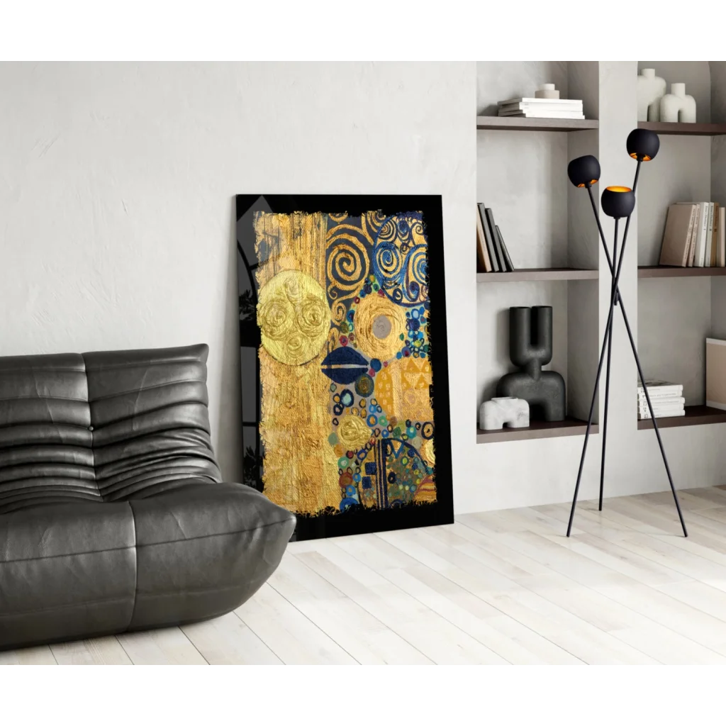 Vibrant gold and blue swirling glass wall art panel in black frame