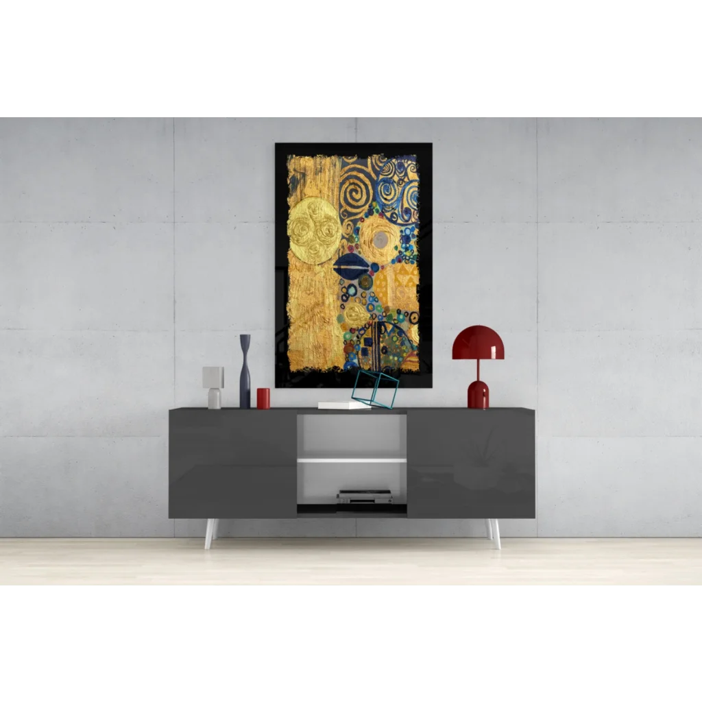 Swirling gold and blue abstract glass wall art panel in black frame
