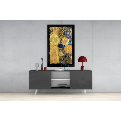 Swirling gold and blue abstract glass wall art panel in black frame