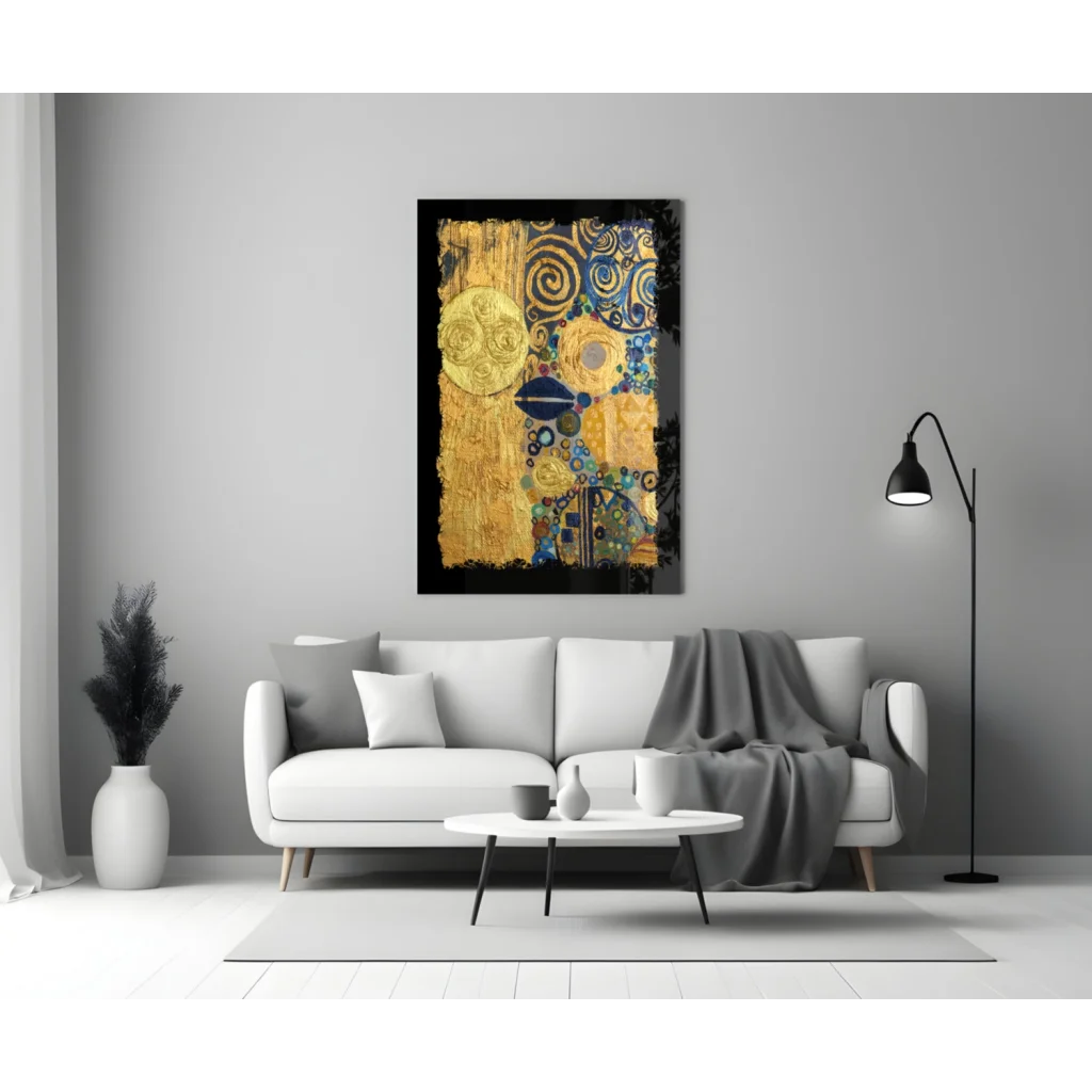 Swirling gold and blue abstract glass wall art above white sofa
