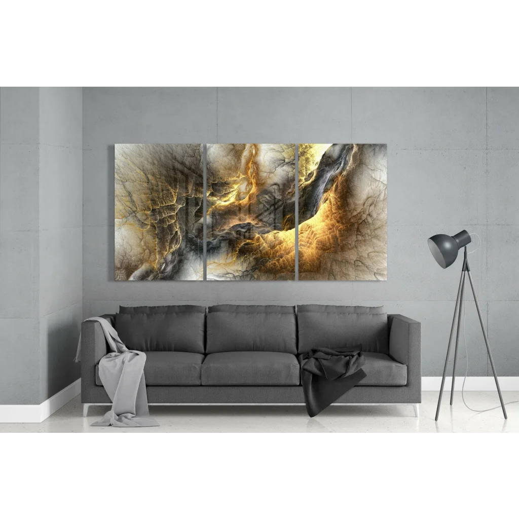 Swirling gold fractal glass wall art triptych canvas with abstract patterns