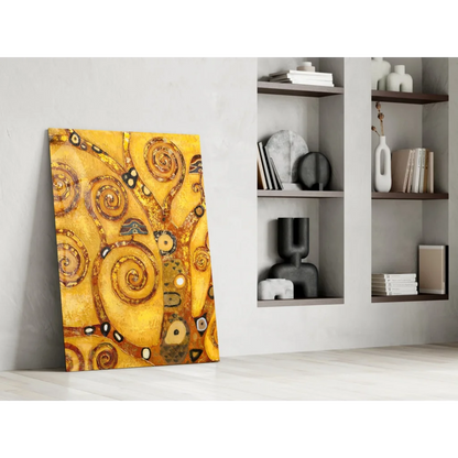 Swirling gold tree abstract wall art print in yellow and brown