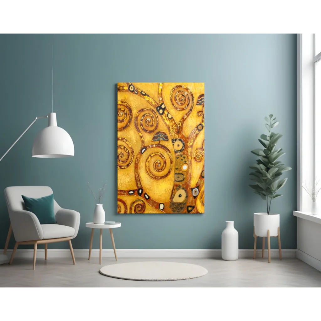 Yellow swirling gold tree wall art print on teal wall