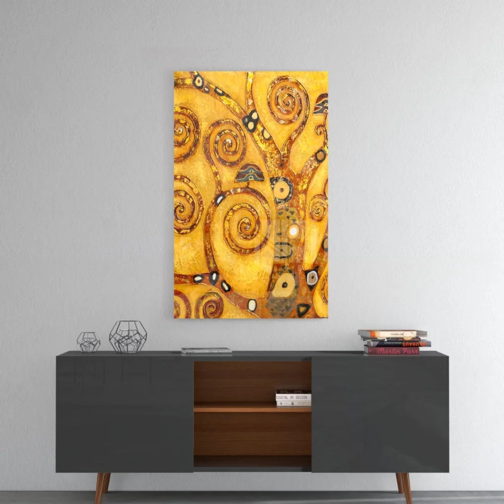 Swirling gold tree yellow abstract wall art print with natural motifs