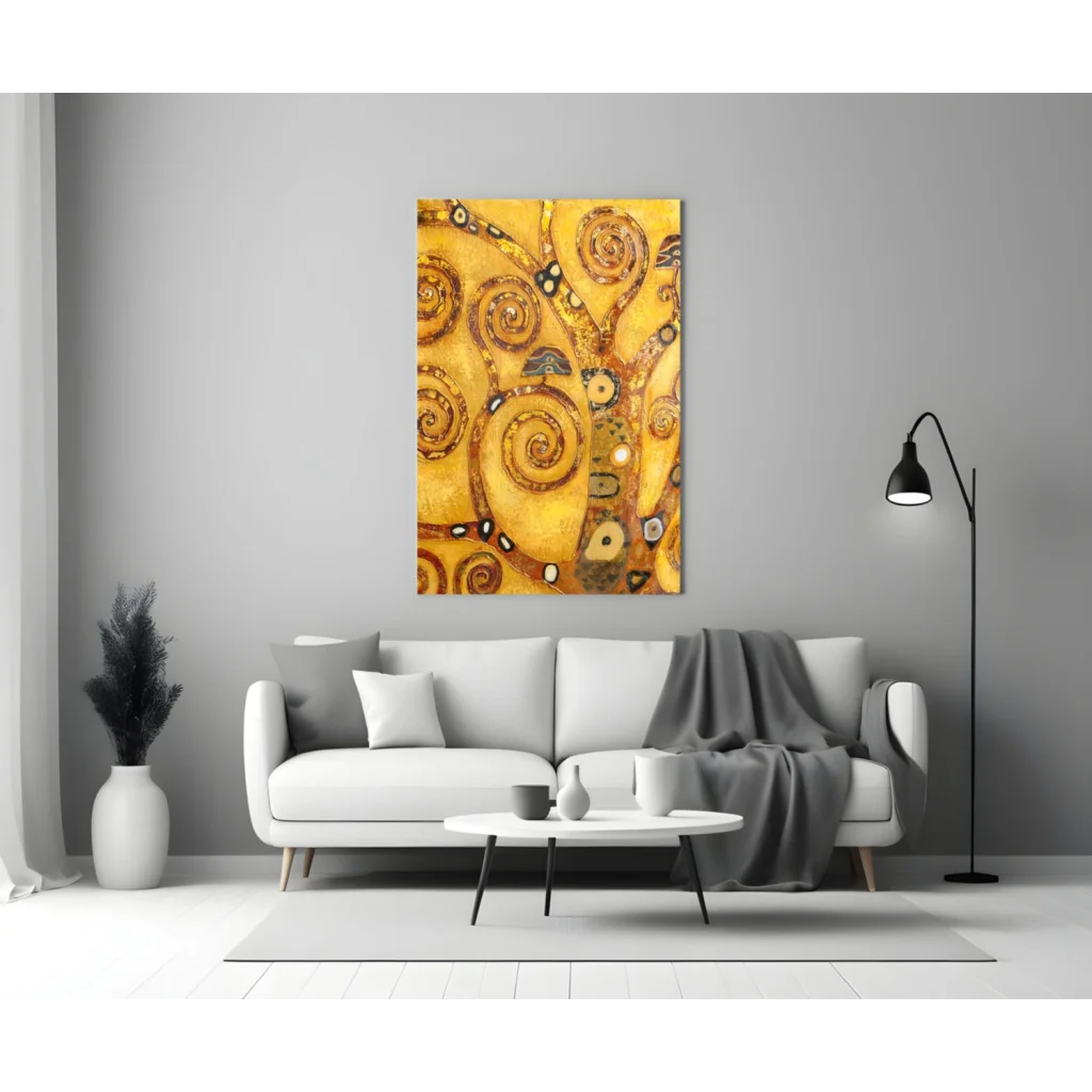Swirling gold tree abstract wall art print in yellow and gold on white wall
