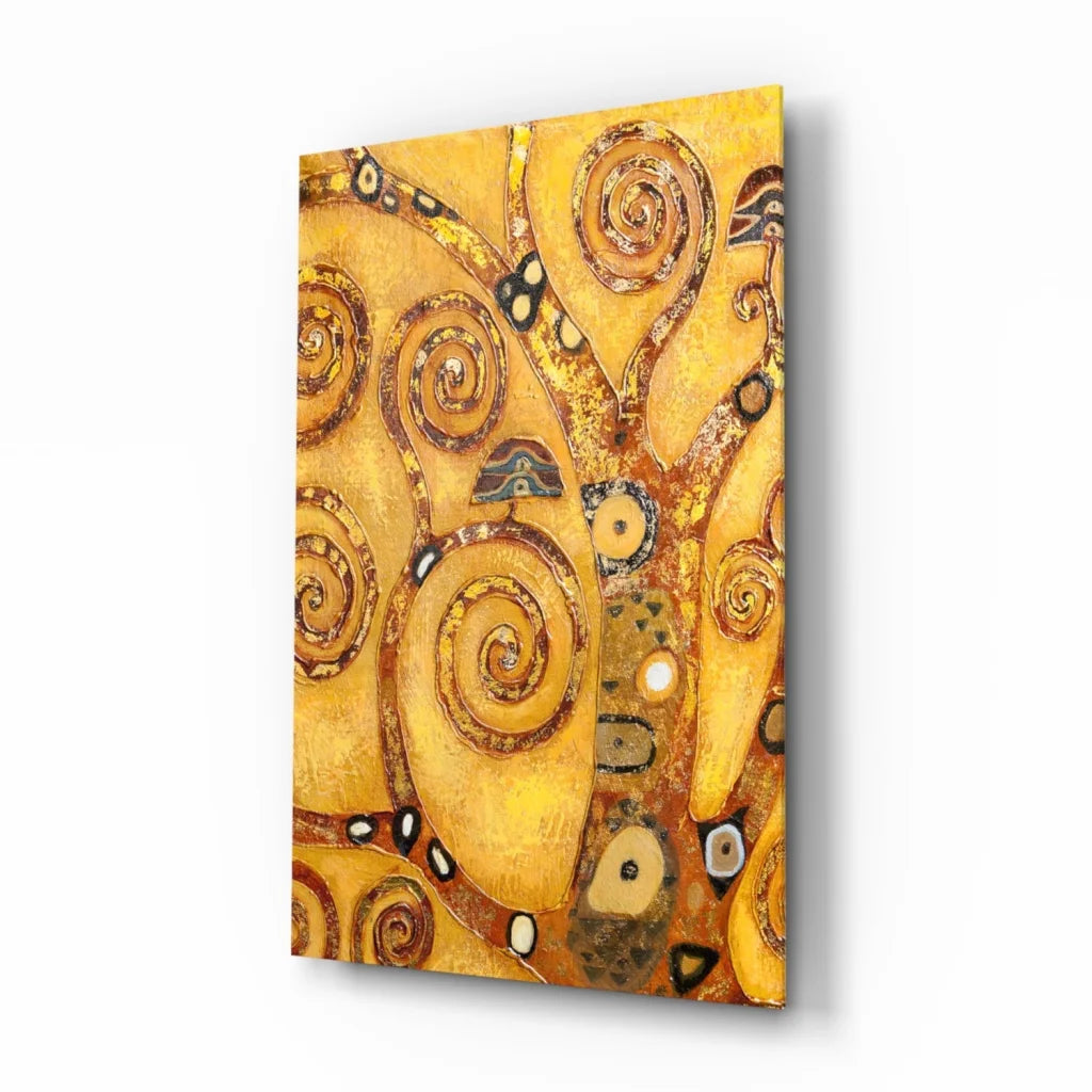 Swirling yellow and brown spiral tree wall art canvas print
