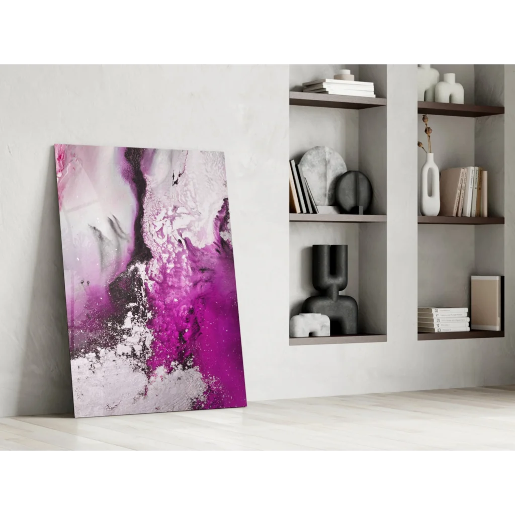 Vibrant swirling magenta glass wall art with glossy abstract design
